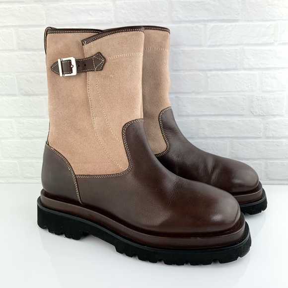 Free People Suede Leather Buckle Lug Double Up Moto Boots Chocolate Size 8 EU38 - Picture 7 of 15